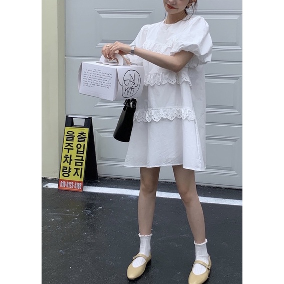 (HÀNG SẴN) Váy suông phối ren tầng xinh xắn - Váy trắng trên gối Hàn Quốc freesize