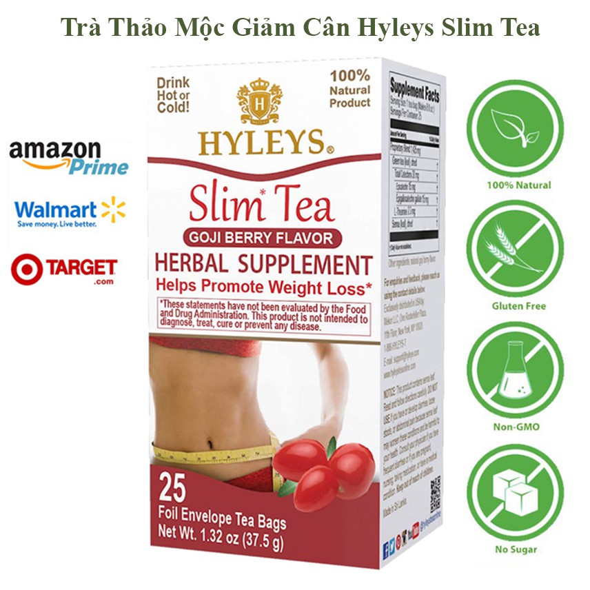 [USA] Trà Giảm Cân Hyleys Slim Tea, Trà Thảo Mộc Goji Berry Câu Kỳ Tử, Acai Berry Việt Quất Sri Lanka, Made in USA