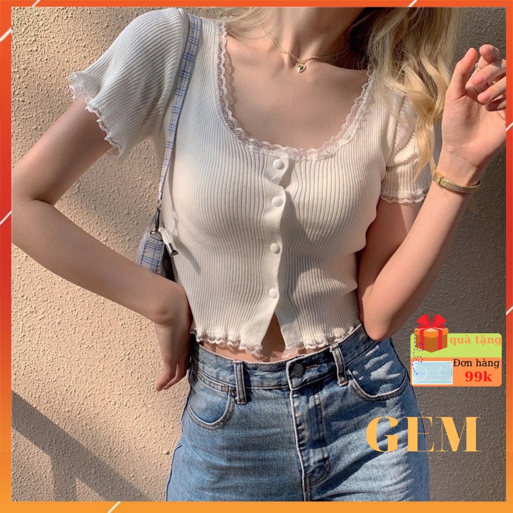 Áo croptop kiểu tay ngắn phối ren , croptop nữ cổ vuông sexy
