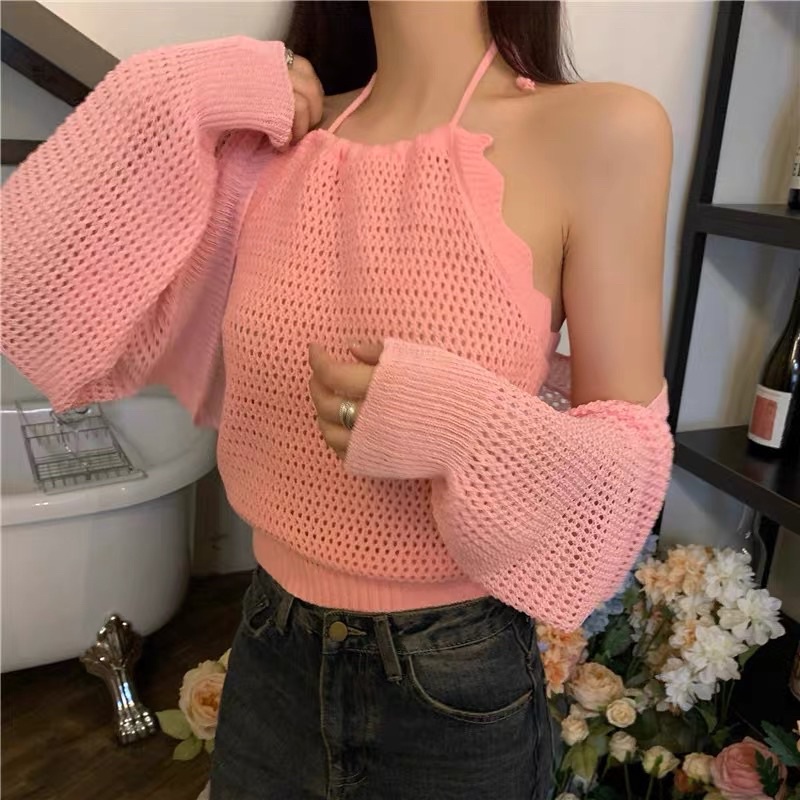 set len dệt kim - len lưới kiểu yếm &amp; choàng lửng (1580#)