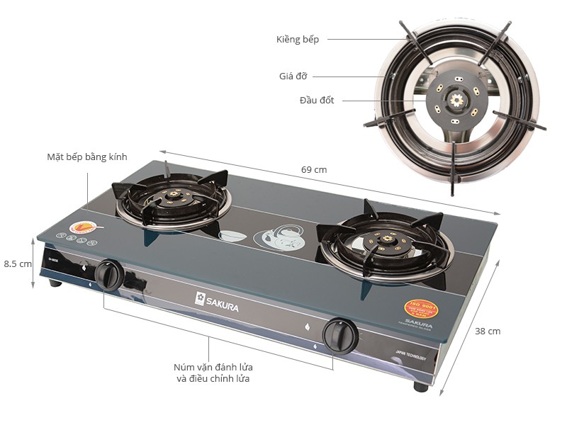 Bếp gas đôi Sakura SA-692SG Hàng Trưng Bày +Tặng dây gas- Đầu đốt bằng đồng thau cho ngọn lửa xanh và mạnh.