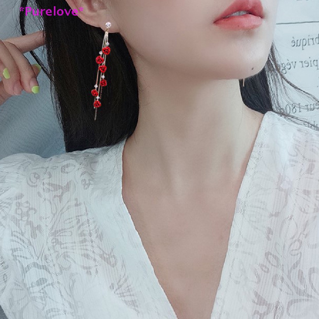 Khuyên Tai Dáng Dài Đính Cánh Hoa Phối Tua Rua Màu Đỏ Tím Lãng Mạn Cho Nữ Mới