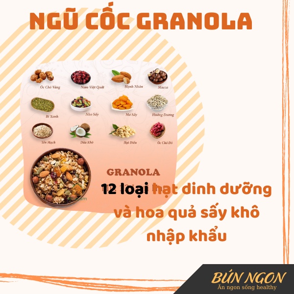 Granola siêu Hạt & Quả Ngũ cốc giảm cân ăn kiêng mix 12 loại hạt dinh dưỡng, trái cây sấy khô nhập khẩu 500g