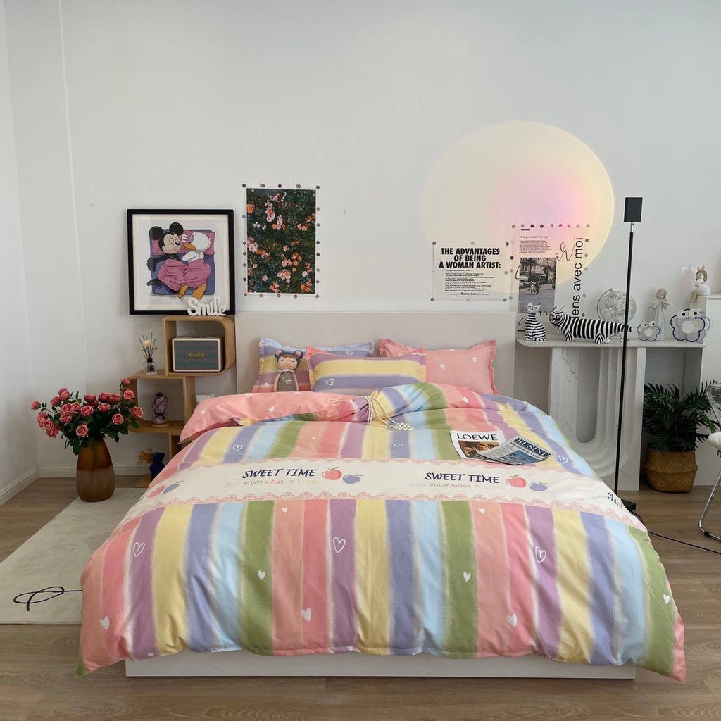Bộ vỏ chăn ga gối 4 món Cotton Poly Sweet Time kẻ sọc cầu vồng