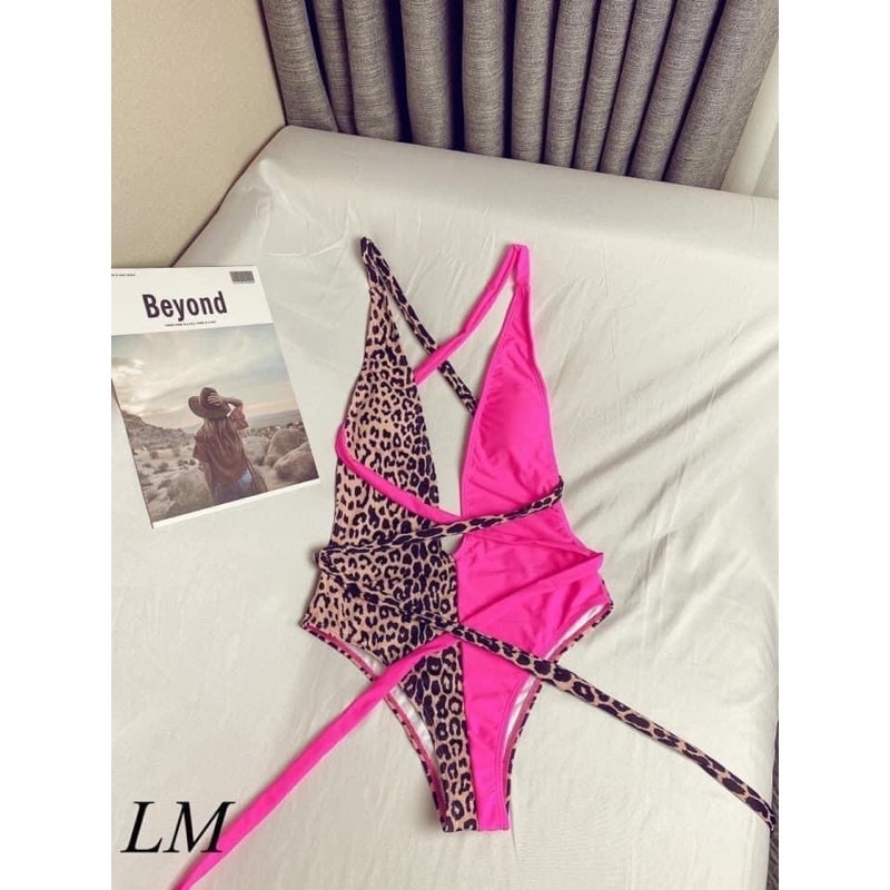 [Hot Hit] bikini liền mảnh họa tiết da beo phối Hồng hàng sẵn