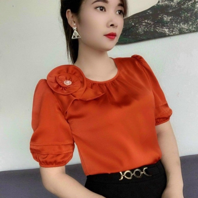 Áo sơ mi nữ cộc tay 💖Gloria Shop💖 áo sơ mi kiểu nữ đính hoa cổ tròn SM06