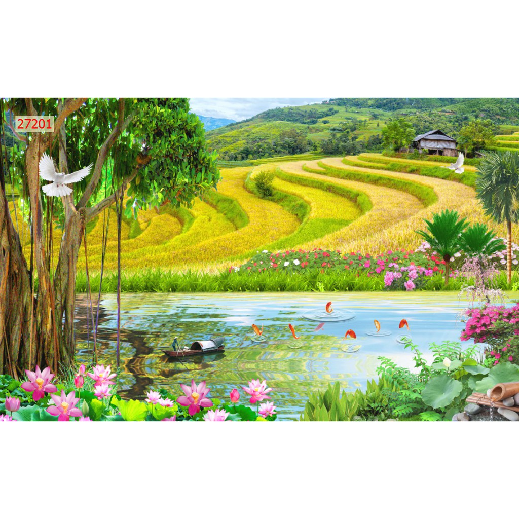 Tranh dán tường 3d phong cảnh thiên nhiên trang trí phòng khách chất liệu decal pp keo sẵn bóc dán atk9