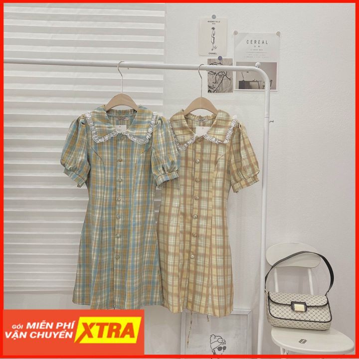 Váy kẻ cổ ren⚡ FREE SHIP⚡ Váy tay ngắn, tay bồng, dáng váy chứ A xòe nhẹ tạo cho nàng cảm giác sành điệu, đài các | BigBuy360 - bigbuy360.vn