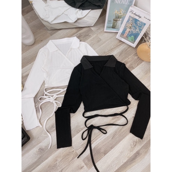 Áo croptop tay dài vạt chéo thắt eo