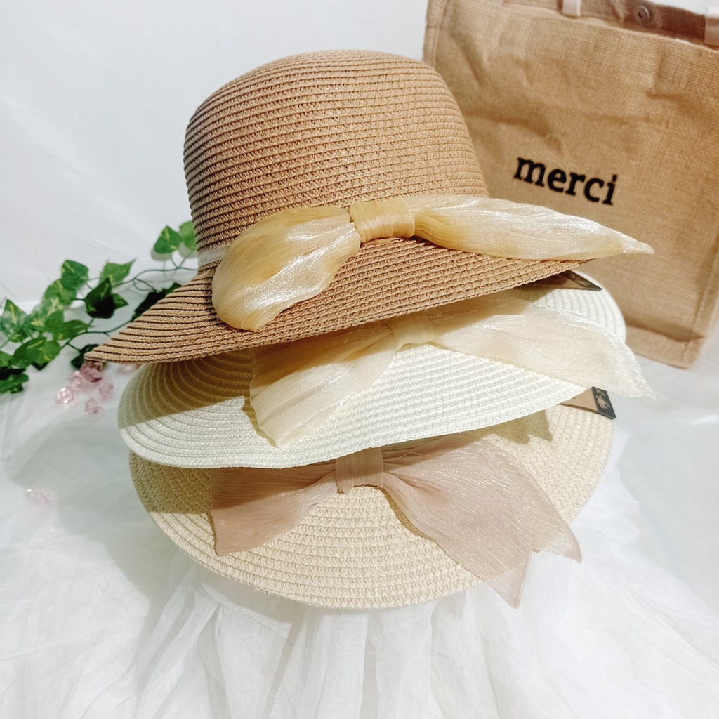 Nón cói,mũ cói nữ mềm vành nhỏ phối nơ voan phồng tiểu thư hàng nhập cao cấp_vành nhỏ voan phồng