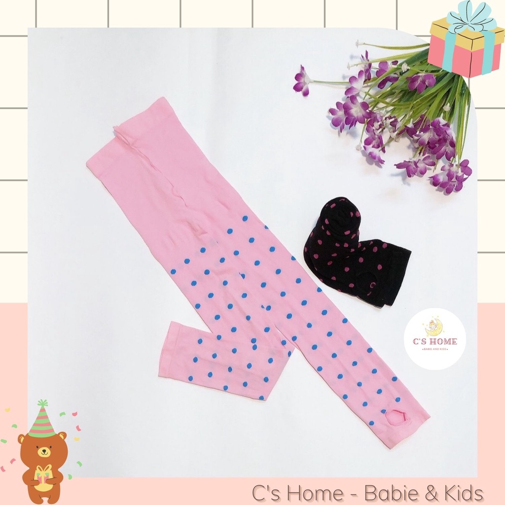Quần tất dẫm gót chân, quần legging không bàn cho bé gái họa tiết chấm bi, chất cotton giấy dai mịn size từ 4 đến 8 tuổi