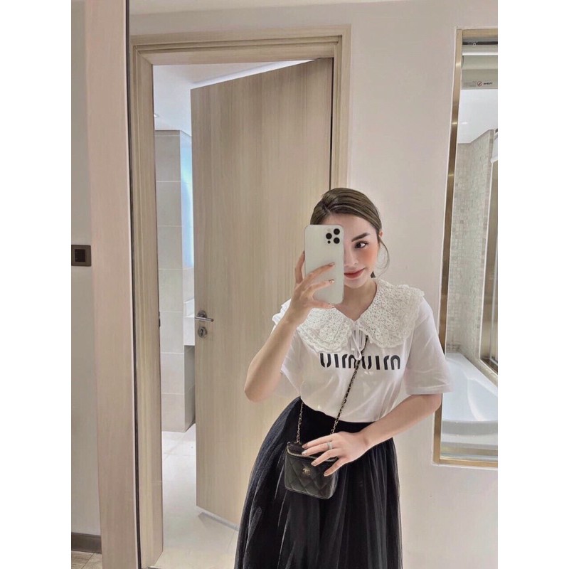 Sét áo phông cổ bèo ren nơ mix chân váy dập ly 2 lớp cực xinh luôn ạ Chất áo cotton tàu | BigBuy360 - bigbuy360.vn