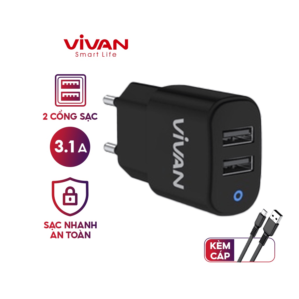 Cốc sạc 2 cổng USB (kèm cáp micro) VIVAN Charger VP01 Black - HÀNG CHÍNH HÃNG BẢO HÀNH 12 THÁNG