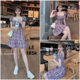 Đầm kẻ cổ vuông đuôi cá thiết kế