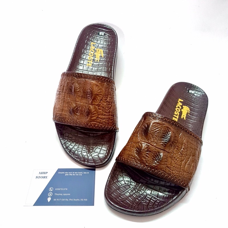 Dép Da Nam Quai Ngang 1 Bản Da Bò Thật In Dập Vân Cá Sấu Sang Trọng