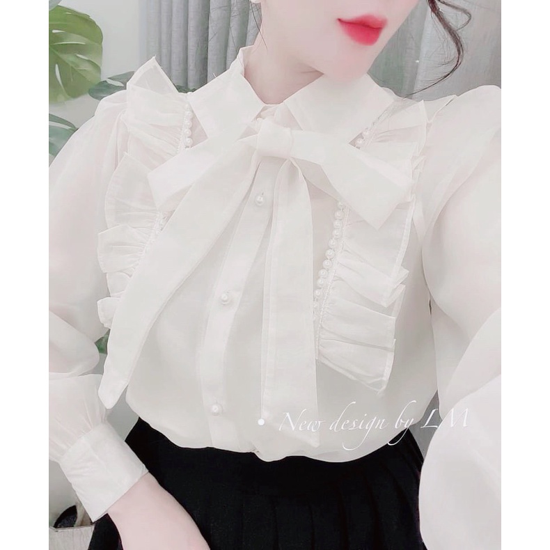 Áo sơ mi tơ bèo nơ cổ đính cúc ngọc áo sơ mi trắng nữ tiểu thư LD534