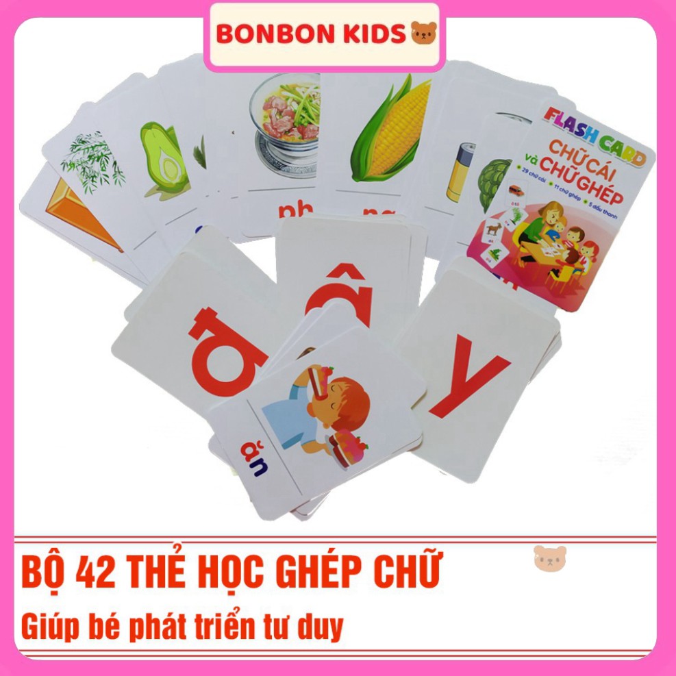 Bộ 42 thẻ học Flash Card chữ cái và chữ ghép cho bé BONBON KIDS