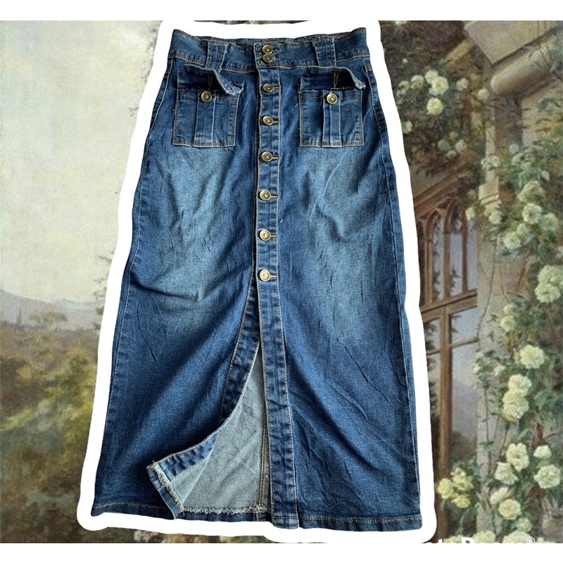 2hand - Chân váy jean dáng dài phối cúc xẻ tà vintage