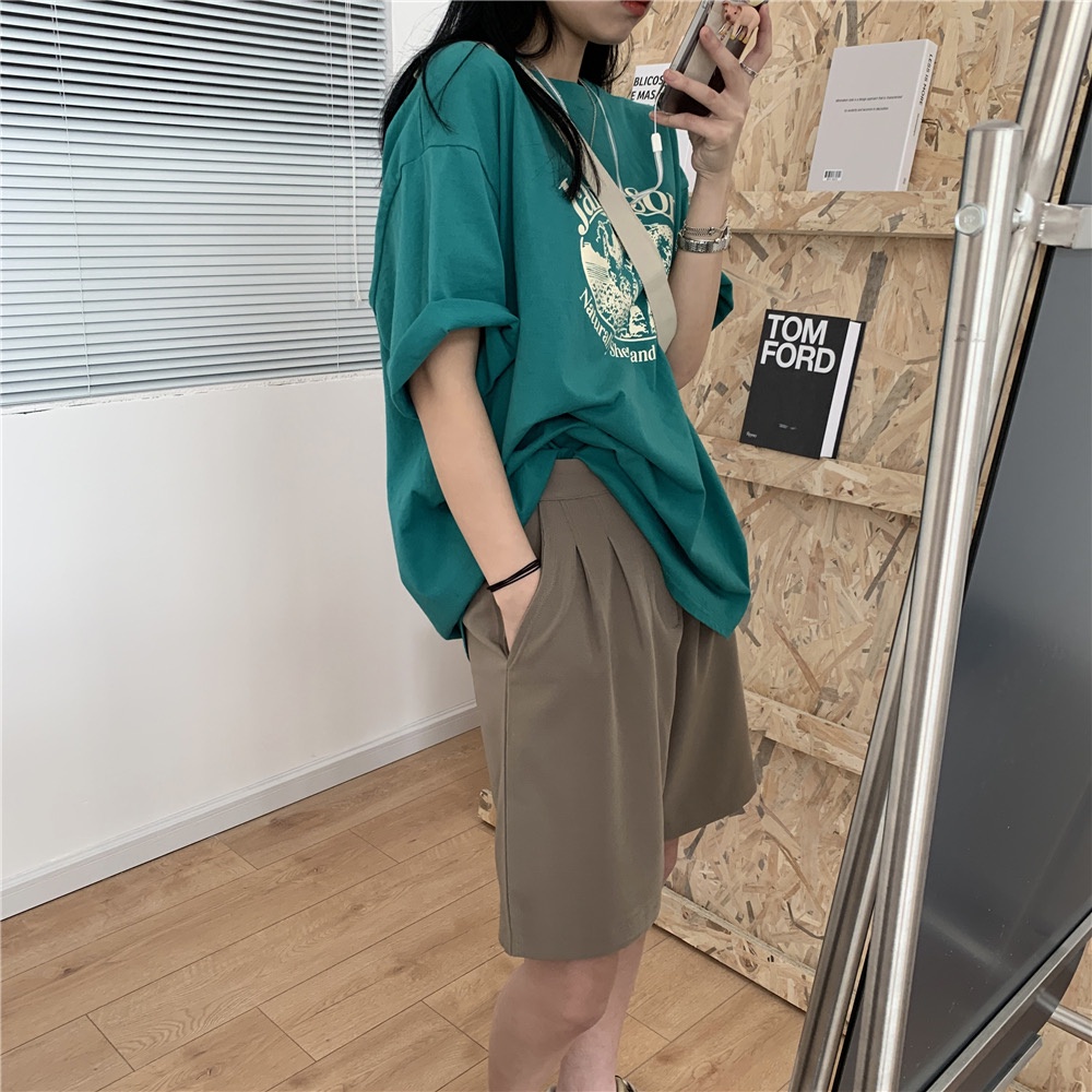 Áo thun cổ tròn tay ngắn dáng rộng in họa tiết phong cách Hàn Quốc cổ điển thời trang dành cho nữ với 5 màu tùy chọn