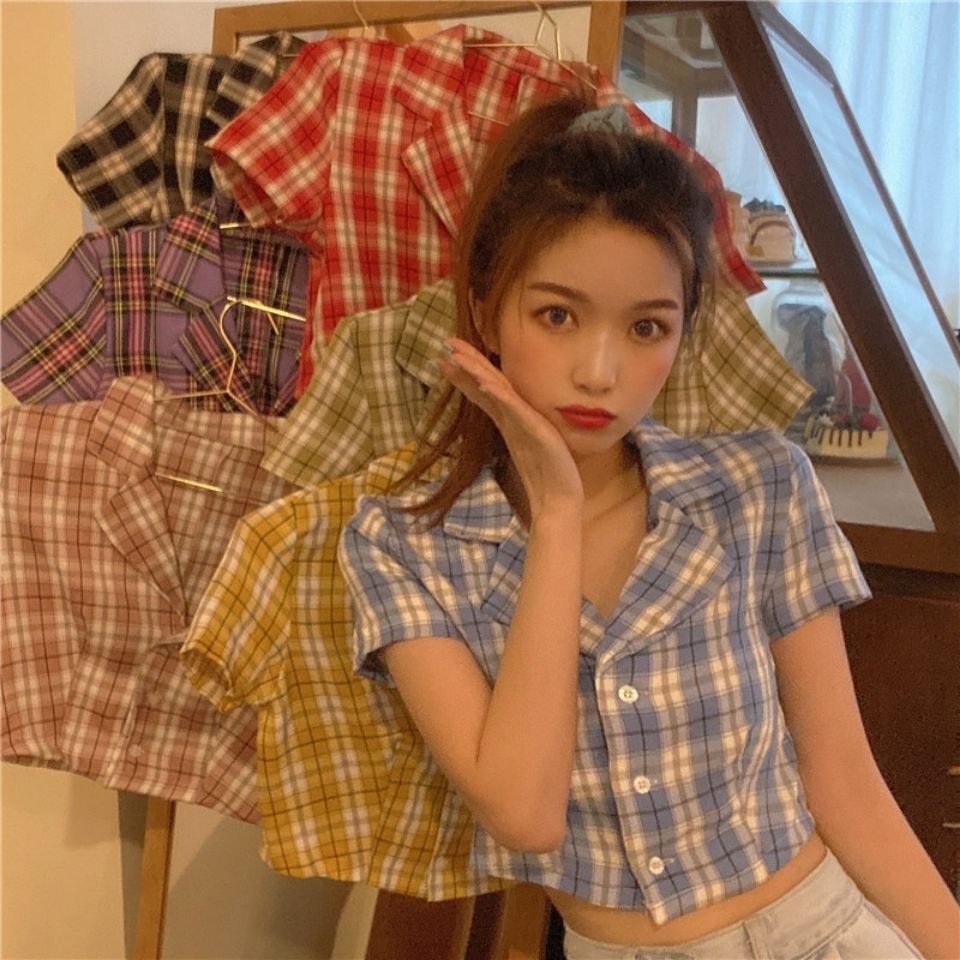 Giảm Giá Áo Sơ Mi Croptop Tay Ngắn Kẻ Sọc Caro Thời Trang Mùa Hè Cho Nữ -  Beecost
