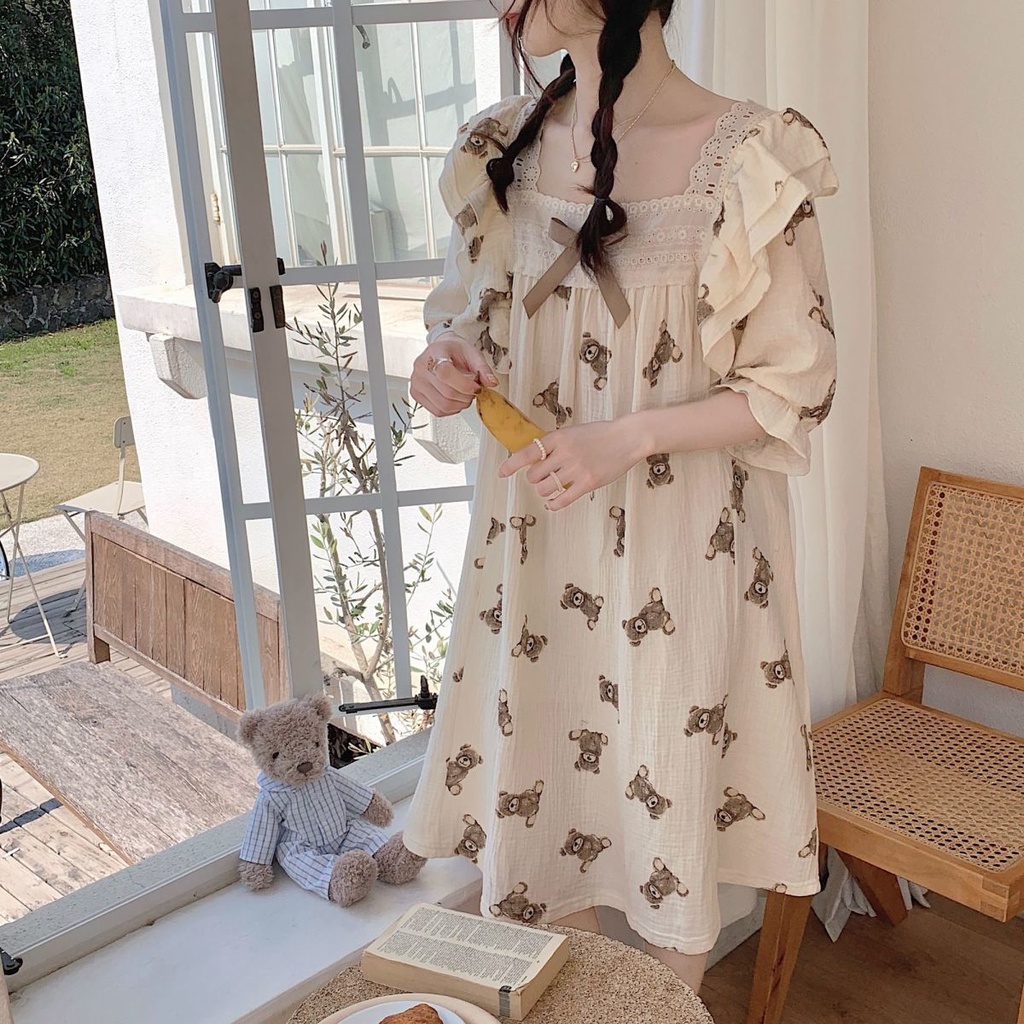 Đầm Ngủ Tay Ngắn Phối Ren Thời Trang Dành Cho Nữ