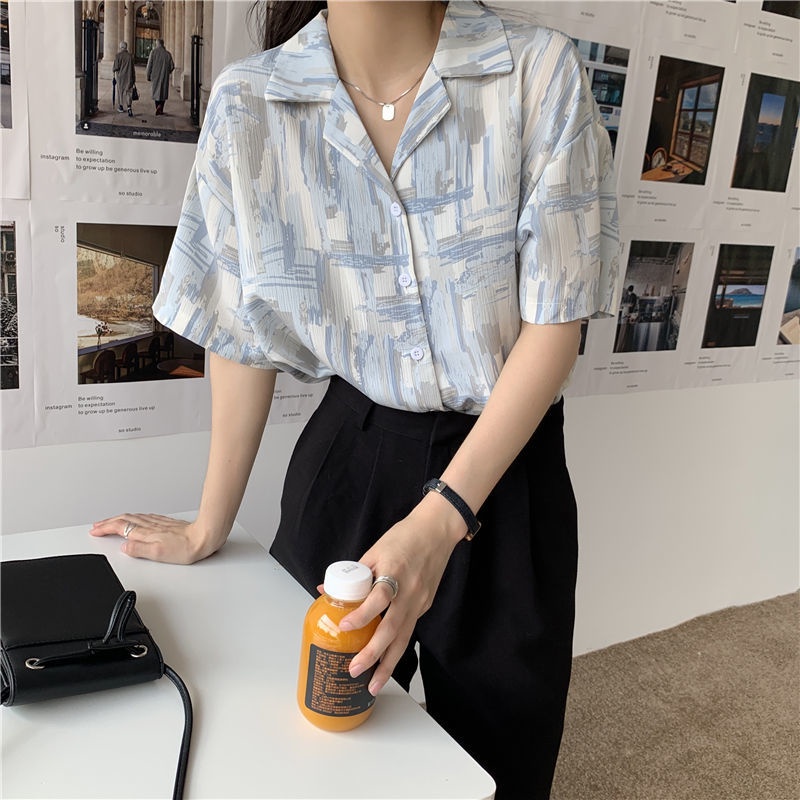 Áo Sơ Mi Chiffon Ngắn Tay In Hoa Thời Trang Hàn Quốc Cho Nữ