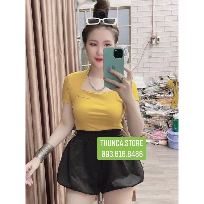 Áo cổ vuông tay ngắn thêu chữ [ Ảnh thật ]