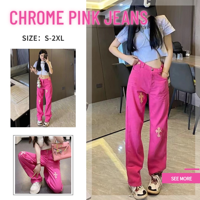 Rose PINK Quần Jean Lưng Cao Dáng Ôm Suông Ghép Nhãn Trái Tim Đám Đông Màu Hồng Nóng Bỏng Cho Nữ
