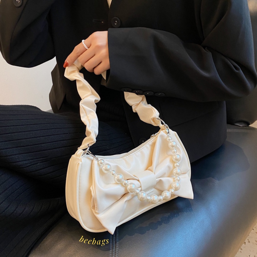 Túi Da Nữ Phối Nơ Tiểu Thư Xinh Xắn Phối Ngọc Đeo Vai Màu Trắng, Đen | TX12 | Túi Đeo Vai Nữ Đi Chơi Đi Tiệc Dễ Phối Đồ