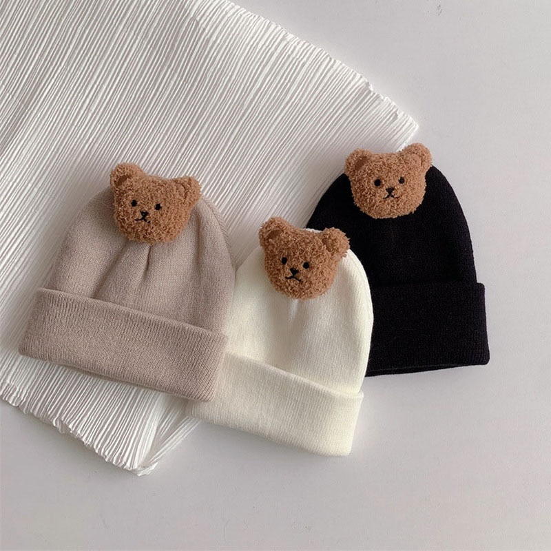 Mũ Beanie Đan Len Mềm Mại Màu Trơn Giữ Ấm Mùa Đông In Hình Gấu Kiểu Hàn Quốc Cho Bé Sơ Sinh