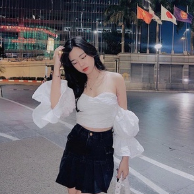 Áo croptop trễ vai tay bồng MIDI dáng ôm cúp ngực tiểu thư