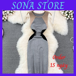 Váy body len dệt kim cổ tròn đầm ôm nữ không tay sexy gợi cảm sang chảnh tiểu thư bánh bèo cute hàng quảng châu cao cấp