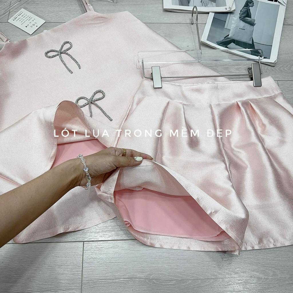 Set 2 Dây Hồng, Nơ Gấm Chất Tacta, Trong May Lót Lụa, Áo Có Quai Chỉnh Siêu Sang