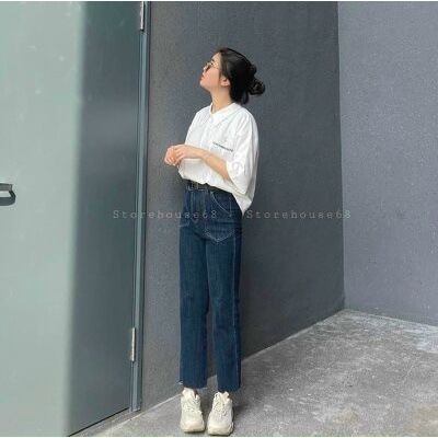 Quần Jeans ống xuông 2 túi tà cắt gấu