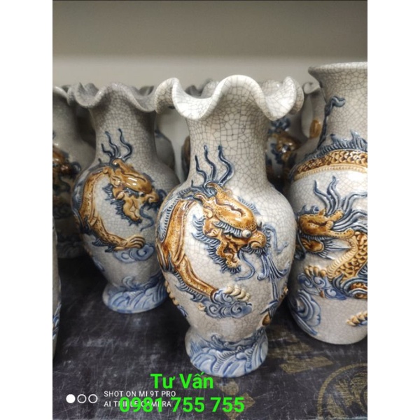 Lọ Hoa Thờ Cúng Men Rạn Nổi vẽ Rồng Bát_Bình Bông Gốm Bát Tràng Hàng Loại 1