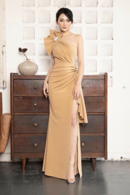Đầm dạ hội lệch vai nơ cao cấp kèm ảnh thật tặng hoa tai cute | BigBuy360 - bigbuy360.vn