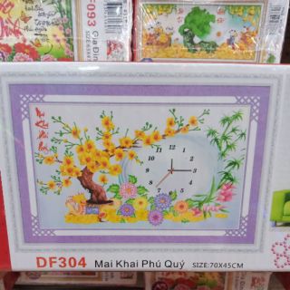 Tranh đính đá đồng hồ Mai khai Phú Quý df304