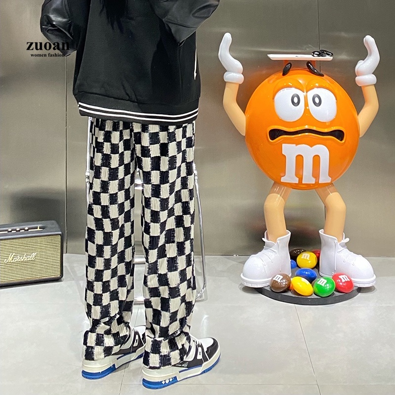 SUXI Quần dài ống rộng họa tiết caro thời trang phong cách Hàn Quốc cho nữ