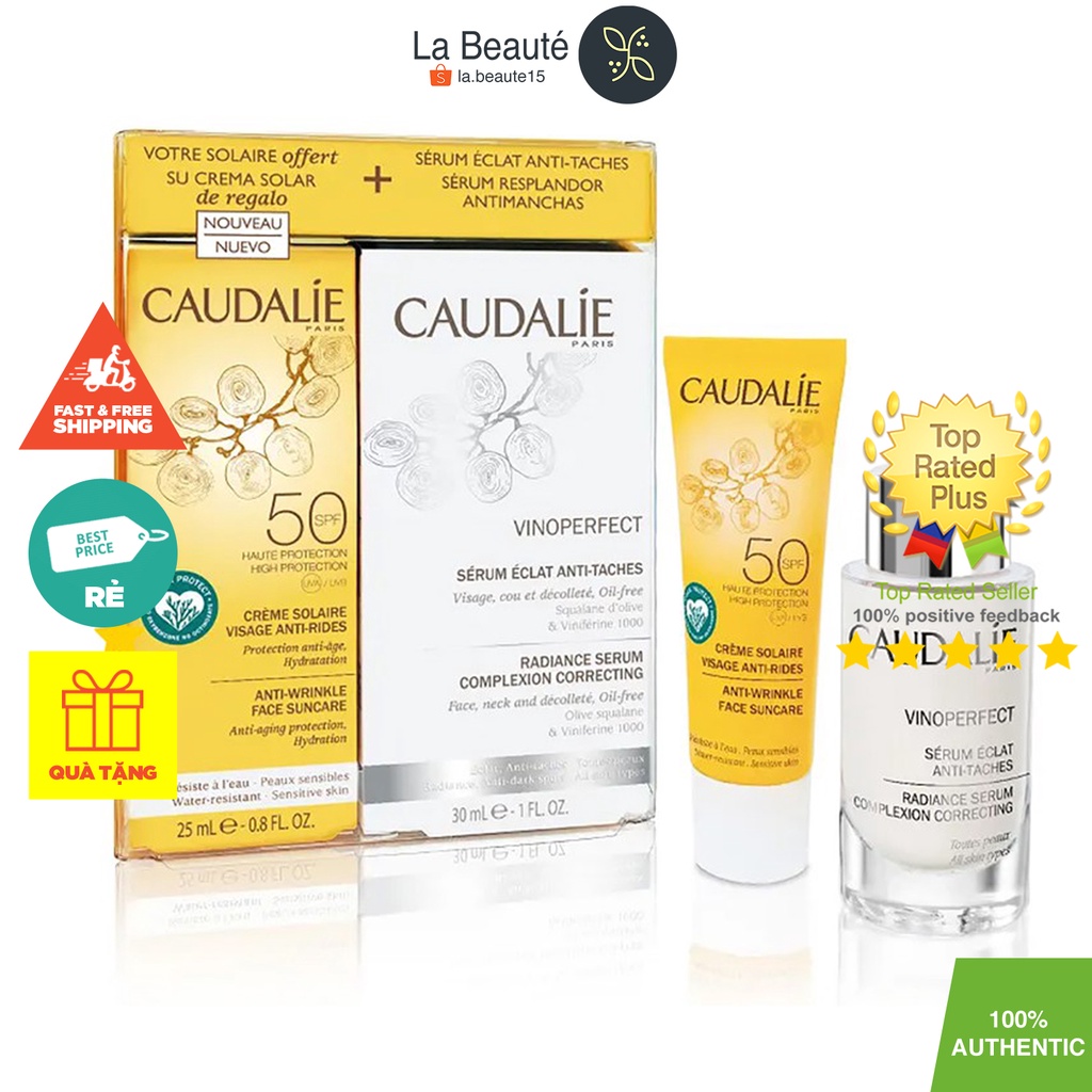 Caudalie Vinoperfect Serum Anti Taches + Offert Free Suncare - Bộ Tinh Chất Giảm Nám 30ml, Chống Nắng Cải Tiến Mới 20ml