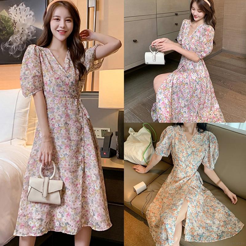 Đầm Chiffon Tay Ngắn Cổ Chữ V Họa Tiết Hoa Phong Cách Cổ Điển Xinh Xắn