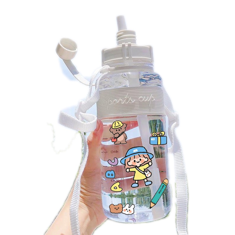 Bình Nước Dung Tích Lớn + Ống Hút + Dây Đeo 2000ml 1000ml Dễ Thương Cho Bé