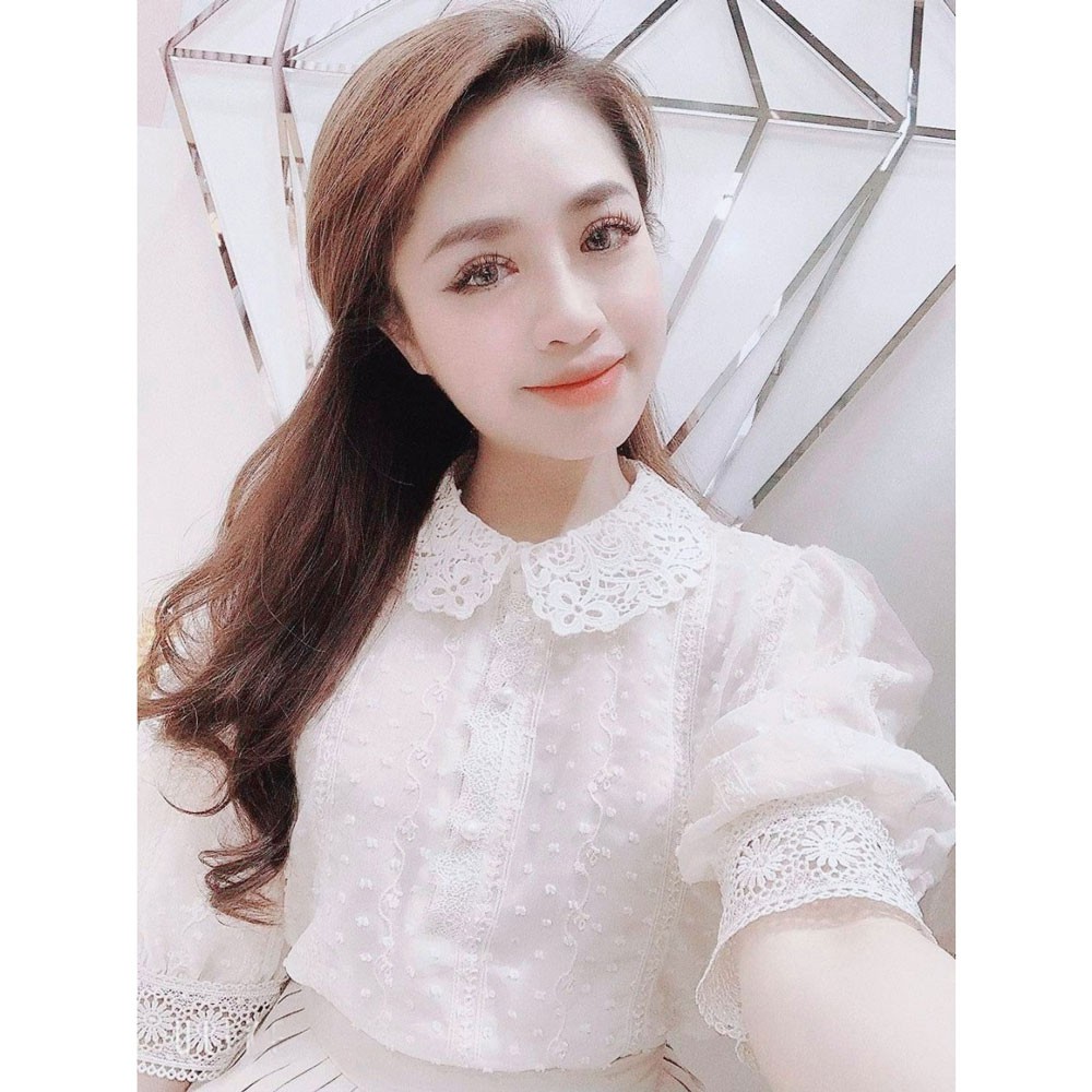 Áo sơ mi trắng cổ phối ren màu phong cách hàn quốc