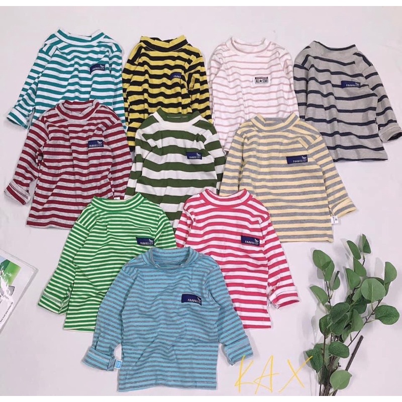 Áo thun dài cổ 3 phân kẻ cotton len size cho bé trai và bé gái 15-26kg nhiều màu mã QATEA123