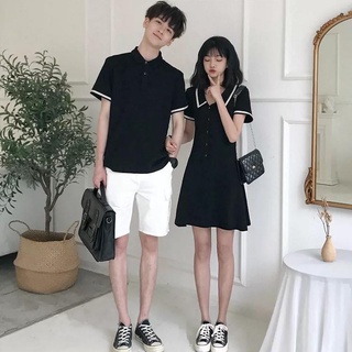 Set váy thun đôi polo nam nữ, set váy áo đôi thiết kế phong cách Hàn Quốc