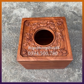 Hộp đựng giấy ăn dáng vuông gỗ Hương đục hoa lá cao 12cm