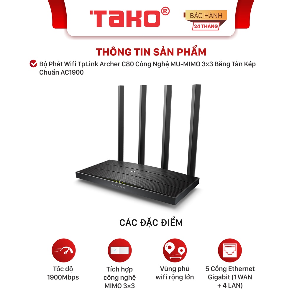 Bộ phát wifi TpLink Archer C80 công nghệ MU-MIMO 3x3 băng tần kép chuẩn AC1900. Chính hãng, BH 24 tháng