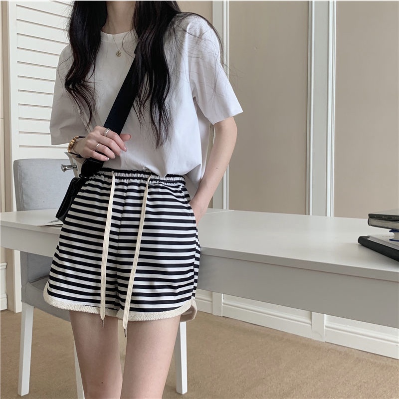 Quần Short Thể Thao Lưng Cao Ống Rộng Họa Tiết Kẻ Sọc Thời Trang Mùa Hè Dành Cho Nữ