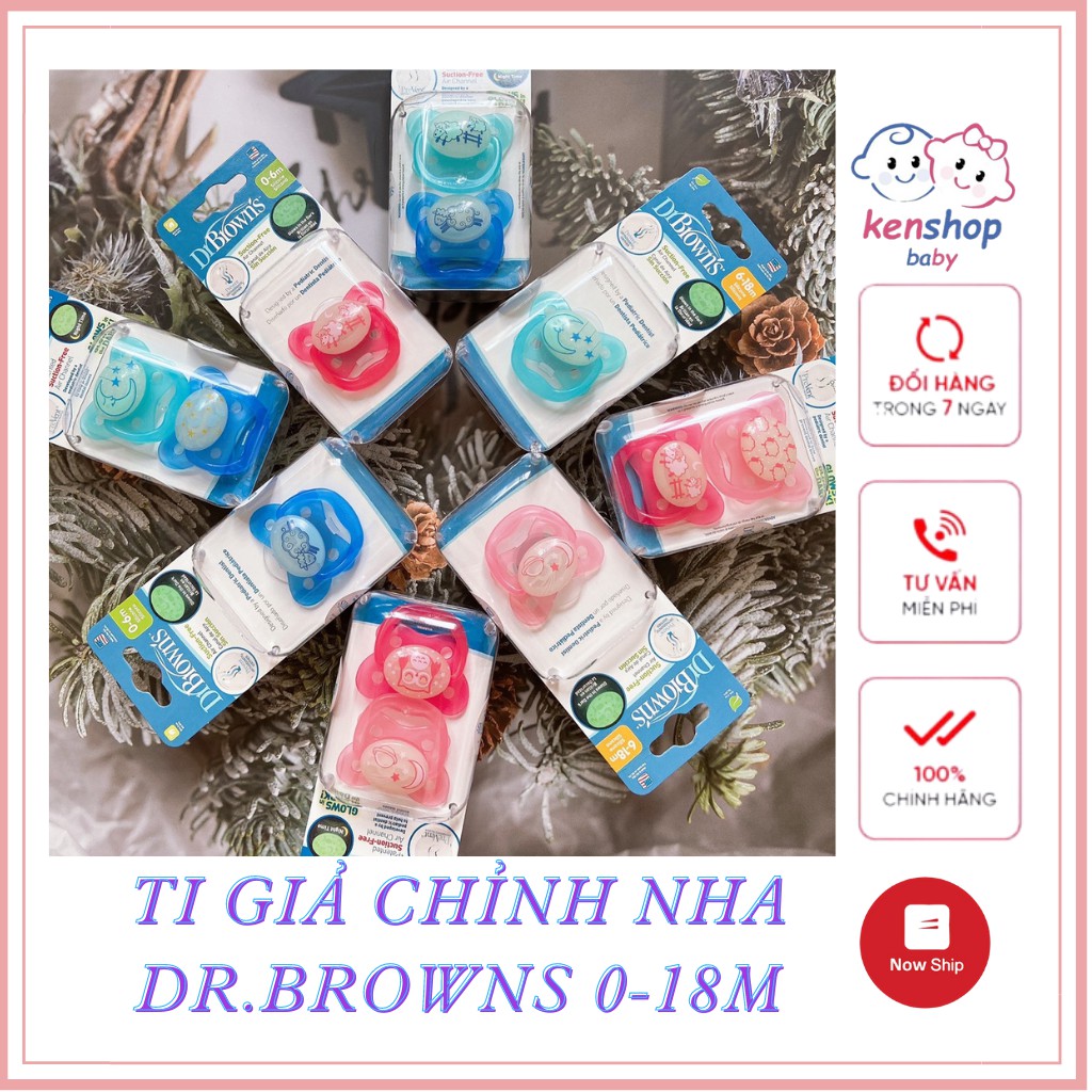 Ti giả phát sáng Dr Brown's chỉnh nha, chống vẩu cho bé từ 0 đến 18 tháng chính hãng