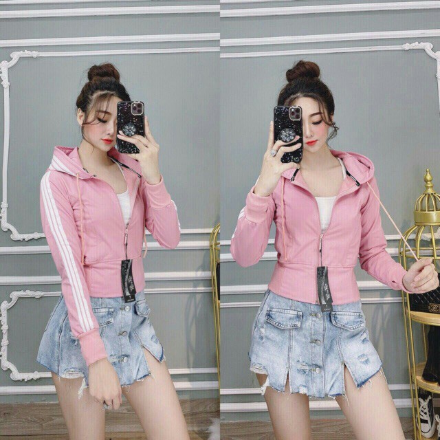 Áo khoác nữ thun da cá form lửng phối 3 sọc tay nón | BigBuy360 - bigbuy360.vn