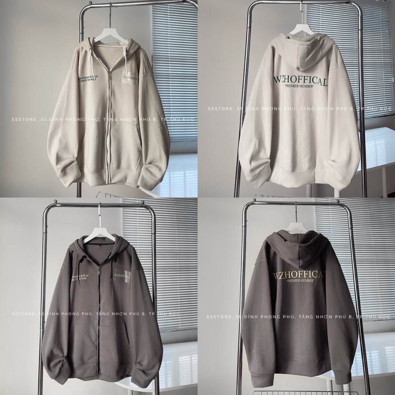 Áo khoác hoodie zip WZHOFFICAL có nón vải nỉ bông màu xám form rộng unisex nam nữ_ SSSTore
